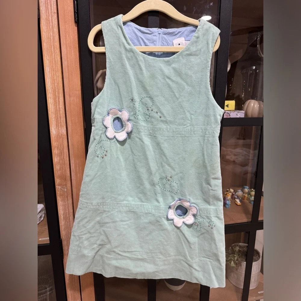 Vintage Florence Eiseman corduroy dress shift lined girls appliqué flower mint